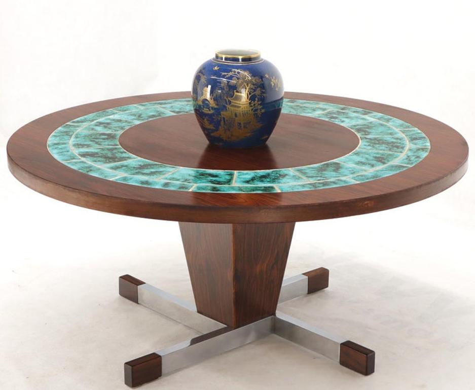 Art Tile Top Rosewood Cone Shape Base Round Coffee Table