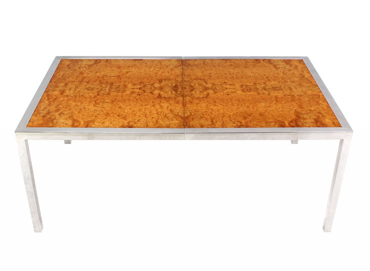 Chrome Burl Wood Dining Conference Table with Two Leaves