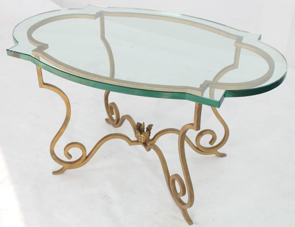 Forged Gold Gilt Iron Base Figural Glass Oval Side Occasional Table