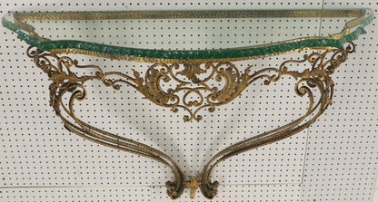 Antique Ornate Baroque Style Gold Gilt Wrought Iron Hanging Console Table Glass