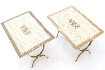 Pair of Italian Travertine Top X-Shape Base End Side Tables