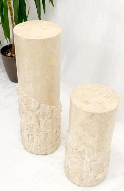 Non Matching Pair of Tessellated & Carved Stone Round Drum Pedestals