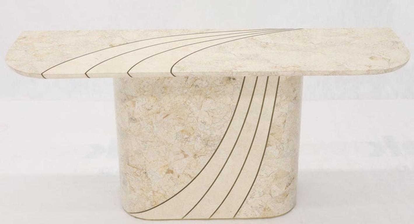 Tessellated Stone Veneer Tile Brass Inlay Pedestal Base Console Sofa Table