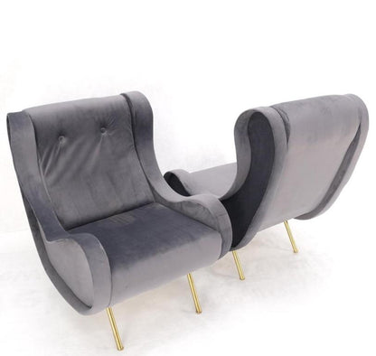 Pair Italian Mid-Century Modern Brass Legs Grey Arm Lounge Chairs