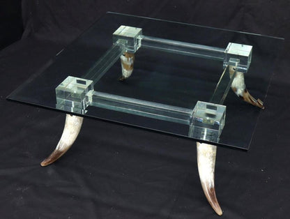 Bull Horns Shaped to Legs Lucite Stretchers Base Square Glass Top Coffee Table