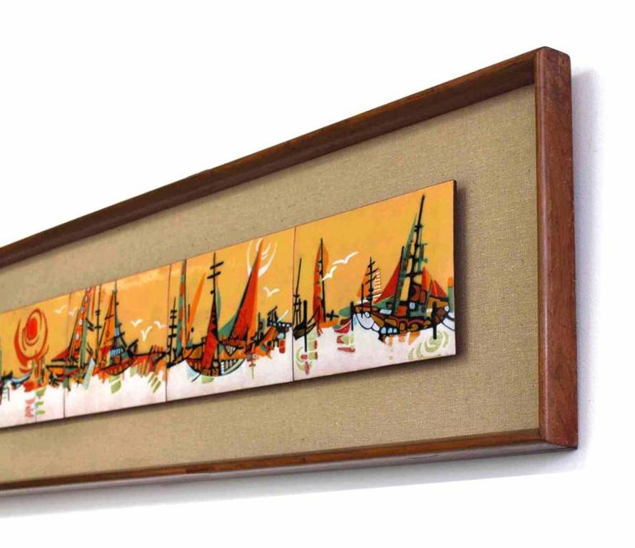 Walnut Framed Enamel Tiles Ship Bay Motif Plaque