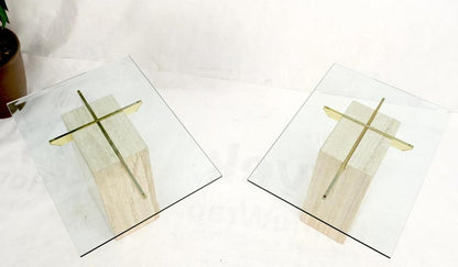 Pair of Travertine Pedestal Bases Brass Frames Glass Tops End Side Tables Stands