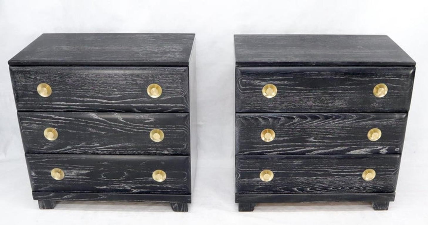 Pair of Cerused Limed Oak Three-Drawer Bachelor Chests with Round Brass