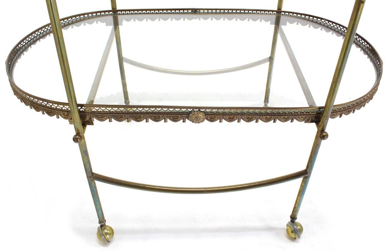 Two Tier Brass & Glass Serving Cart Table with Removable Serving Trays