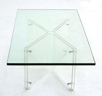 Mid-Century Modern Lucite X Base Glass Top Rectangle Coffee Table