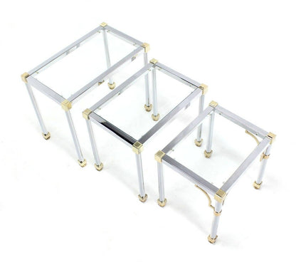 Set of 3  Chrome and Brass Metal Glass Top Nesting Side End Occasional Tables