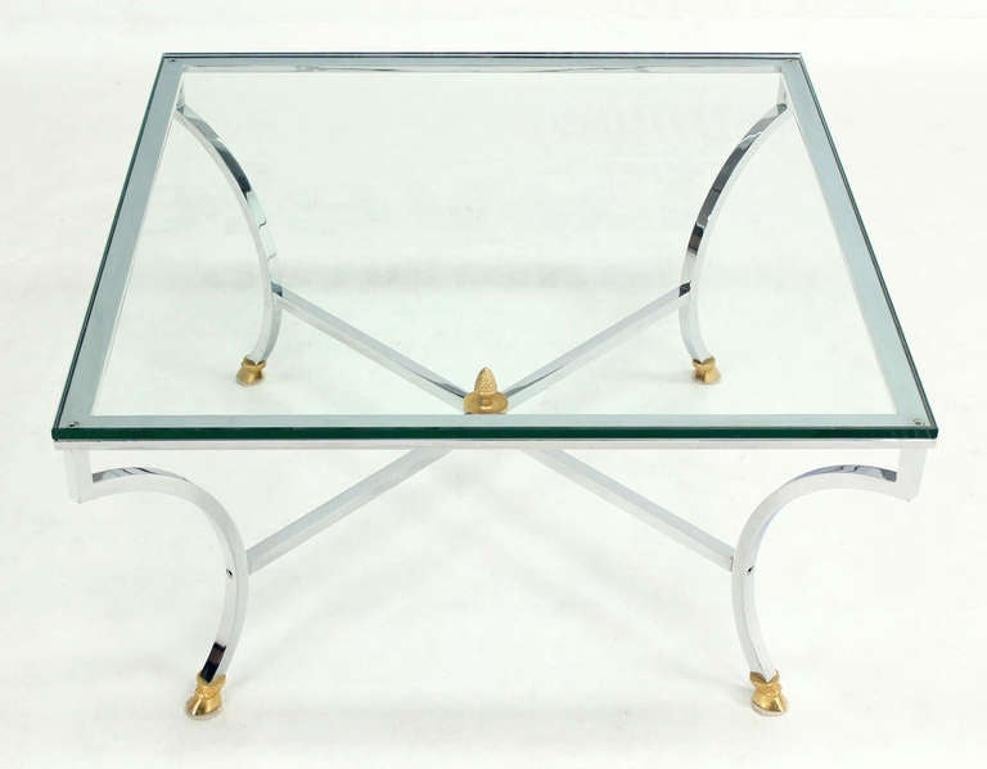 Hoof Brass Feet Chrome X Shape Base 3/4" Glass Square Coffee Table Clean