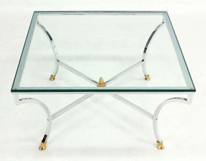 Hoof Brass Feet Chrome X Shape Base 3/4" Glass Square Coffee Table Clean