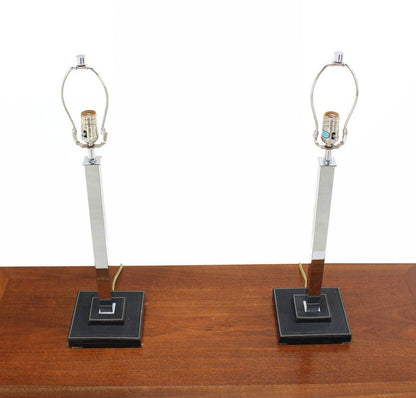 Pair of Chrome Stitched Square Leather Bases  Modern Table Lamps by Nessen MINT