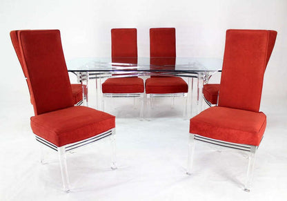 Mid Century Modern Set of Six Dining Chairs and Table in Lucite Chrome Glass