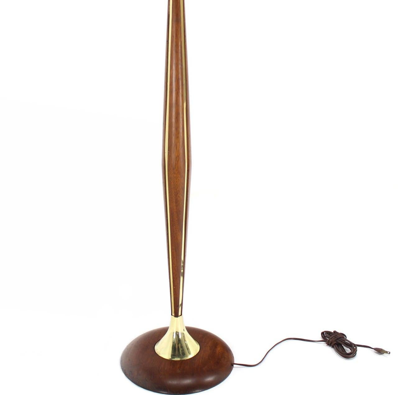 1970's Round Solid Oiled Walnut Brass Trims Base Mid Century Modern Floor Lamp