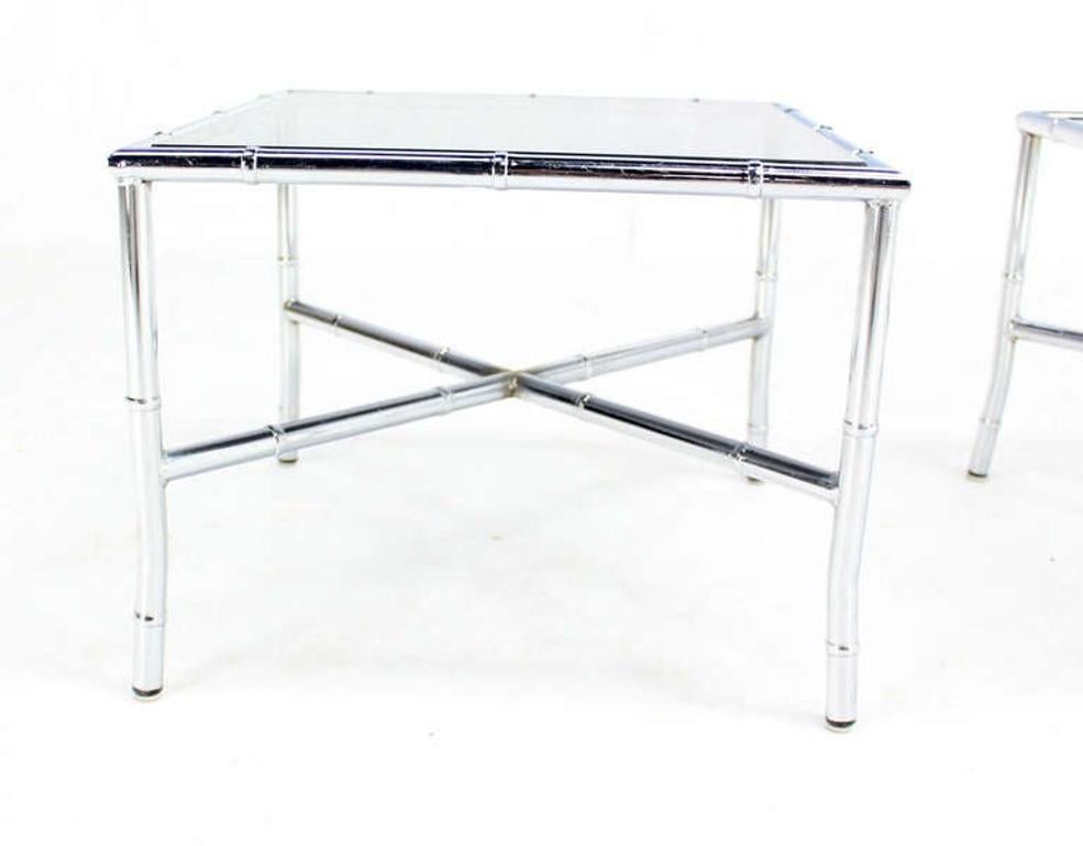 Pair of Chrome Faux Bamboo X Base End Tables with Smoked Glass Tops Mid Century