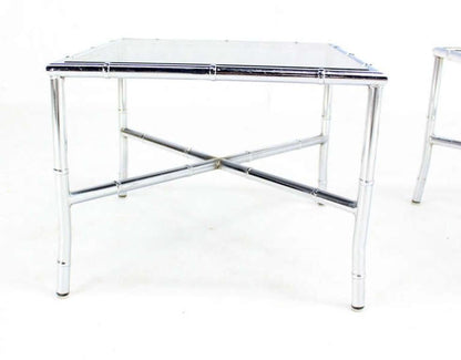 Pair of Chrome Faux Bamboo X Base End Tables with Smoked Glass Tops Mid Century