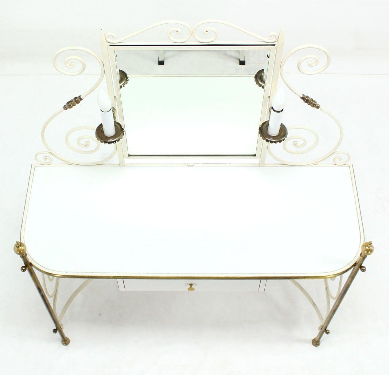 Decorative Vanity Dressing Table Milk Glass Top Metal Scroll Brass Hardware MINT