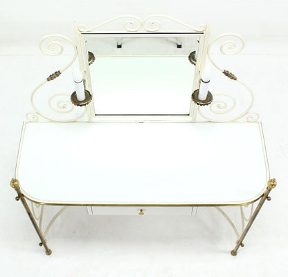 Decorative Vanity Dressing Table Milk Glass Top Metal Scroll Brass Hardware MINT