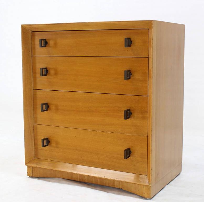 Pair of Mid-Century Modern Blonde Bachelor Chests with Heavy Brass Hardware