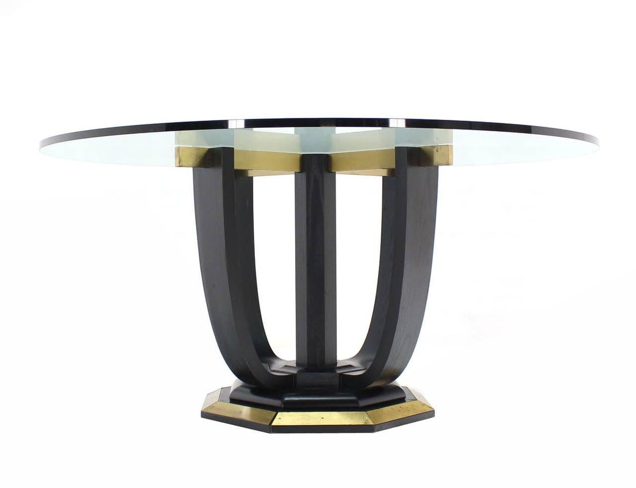 Large Round Glass Top Figural Black Lacquer Bent Wood Brass Base Dining Table