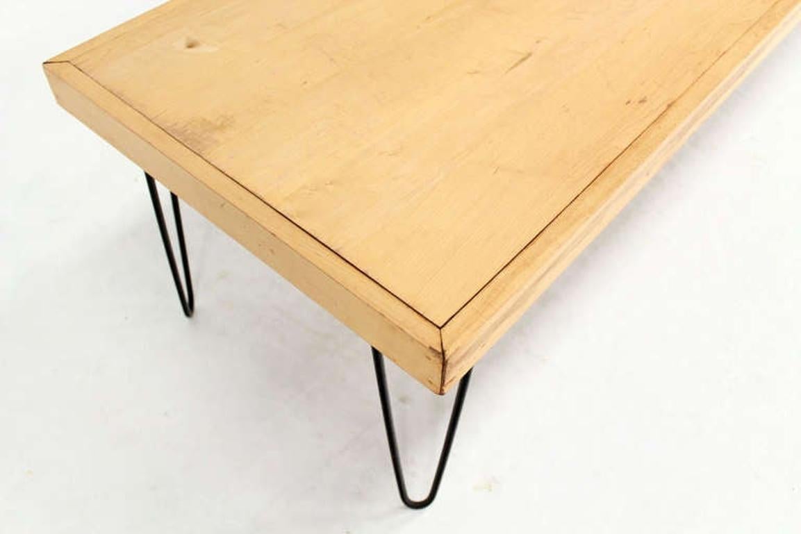 Large Rectangular Vintage Solid Birch Top with Hairpin Leg Coffee Table