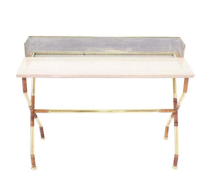 Rare X-Base Brass and Marble Travertine Top Console Table with Planter or Vanity