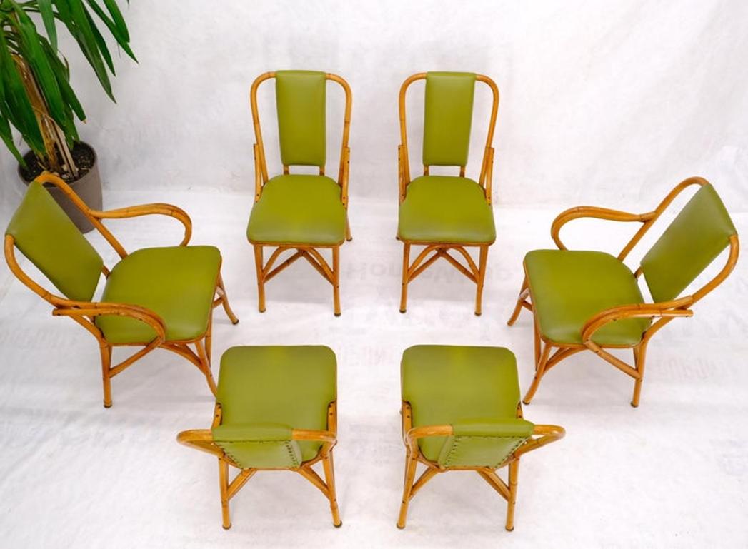 Set of 6 Vintage Rattan Bamboo Dining Chairs w/ Green Upholstery
