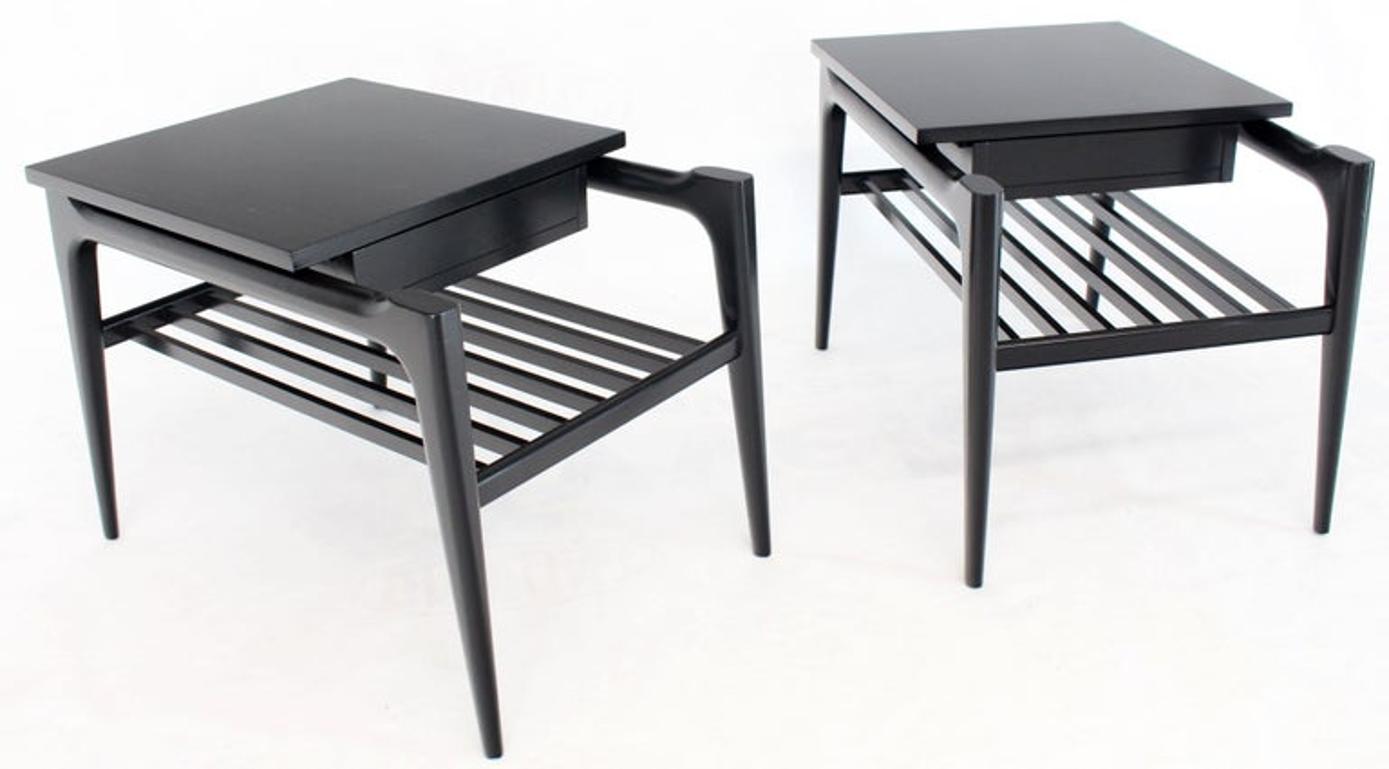 Pair of Black Ebonised One Drawer End Nightstands with Magazine Rack Sculptural