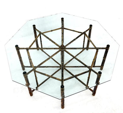 Very Large Octagonal Glass Top Leather Strapped Bamboo McGuire Dining Table