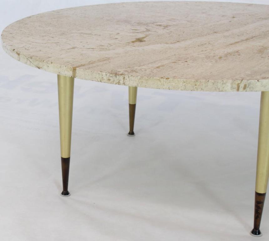 Italian Modern Round Travertine Top Coffee Table on Tapered Metal Legs Base