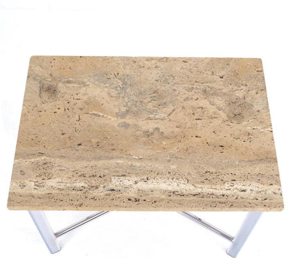 Chrome X Base Travertine Top Mid-Century Modern Rectangle Side End Table Stand