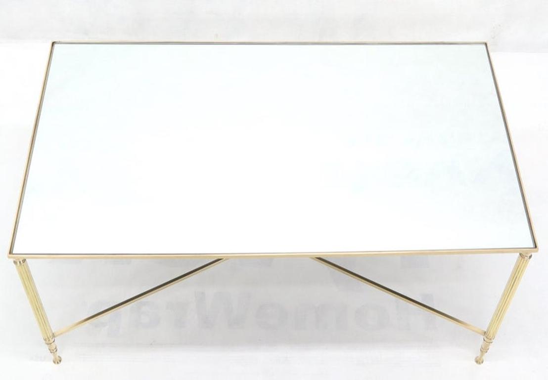 Polished Brass X-Stretcher Base Fluted Legs Mirrored Glass Top Coffee Table