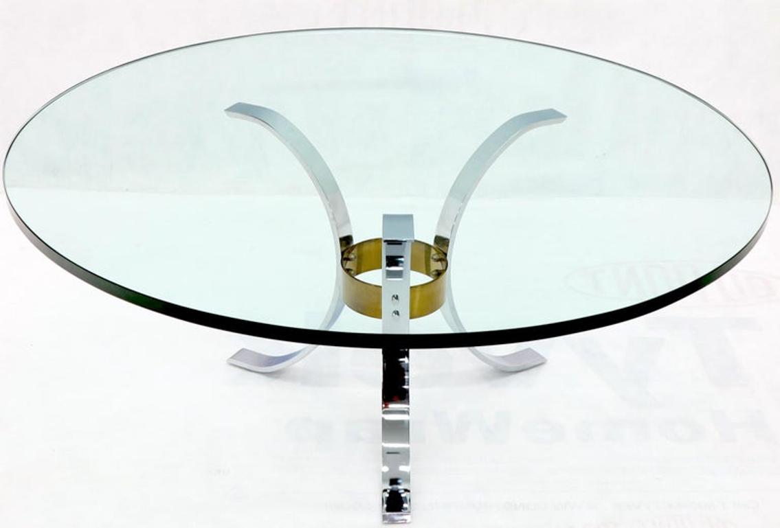 Heavy Thick 3/4" Glass Round Top Chrome & Brass Tripod Base Coffee Table