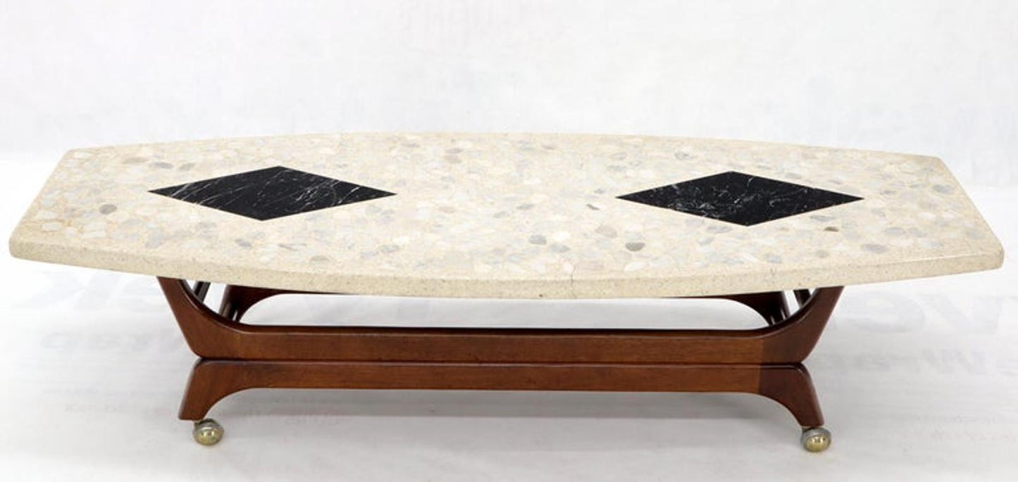 Terrazzo Stone Inlay Boat Shape Oiled Walnut Base Coffee Table