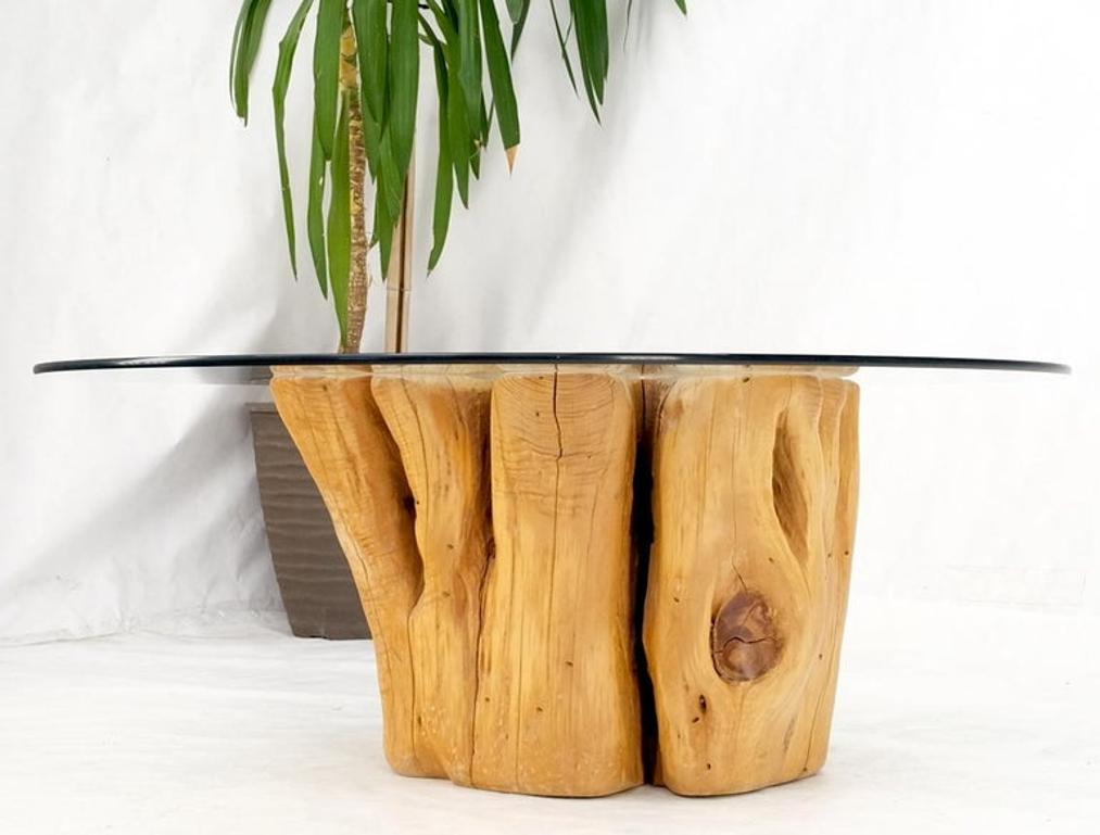 Large Pedestal Natural Blond Wood Tree Stump Base Round Glass Top Coffee Table