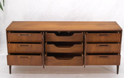 Long Walnut Mid-Century Modern 9 Drawers Credenza Dresser Double Door Cabinet