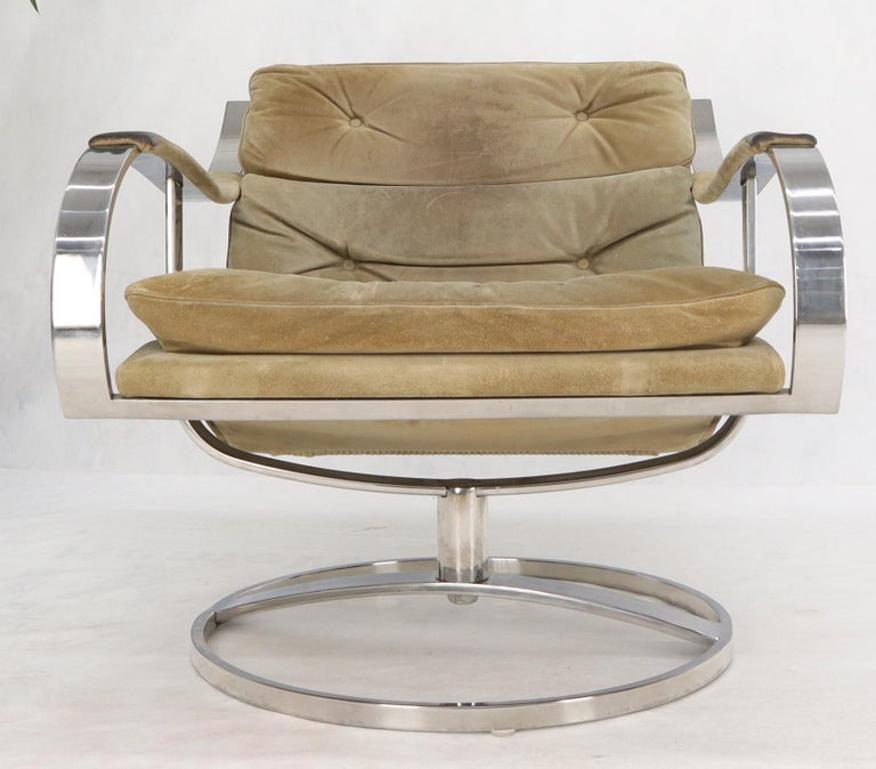 Heavy Gage Polished Stainless Steel Swivel Base Suede Upholstery Lounge Chair