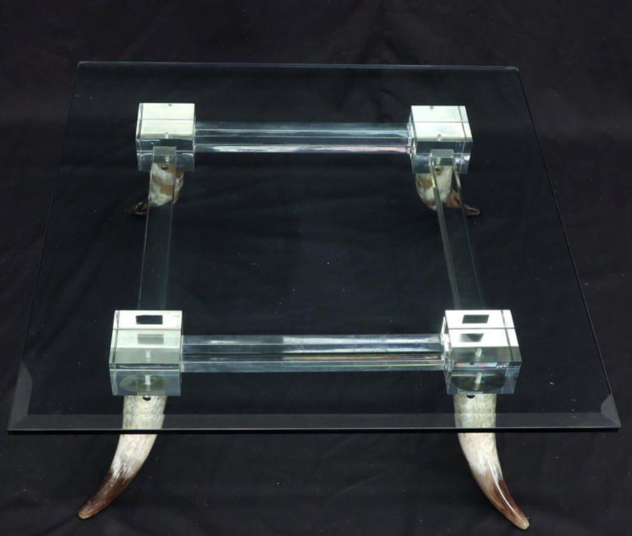 Bull Horns Shaped to Legs Lucite Stretchers Base Square Glass Top Coffee Table