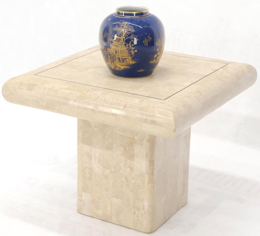 Pair of Square Tessellated Stone Veneer Brass Inlay End Tables Stands