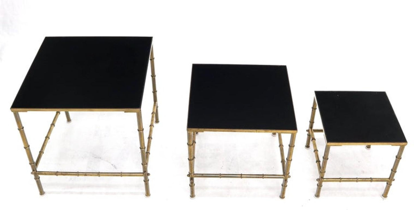 Solid Brass Faux Bamboo Set of 3 Nesting Tables with Black Vitrolite Glass