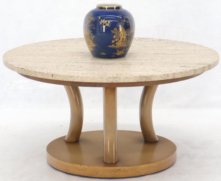 travertine Top Horn Like Pillars Tripod Base Round Coffee Table