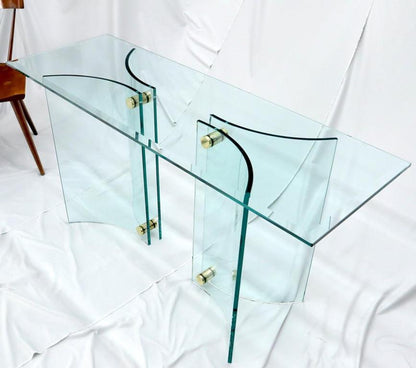 Curved Glass Base Glass Top Brass Stretchers Console Table