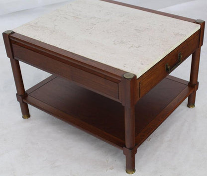 Pair of Travertine Tops One Drawer Oiled Walnut End Side Tables