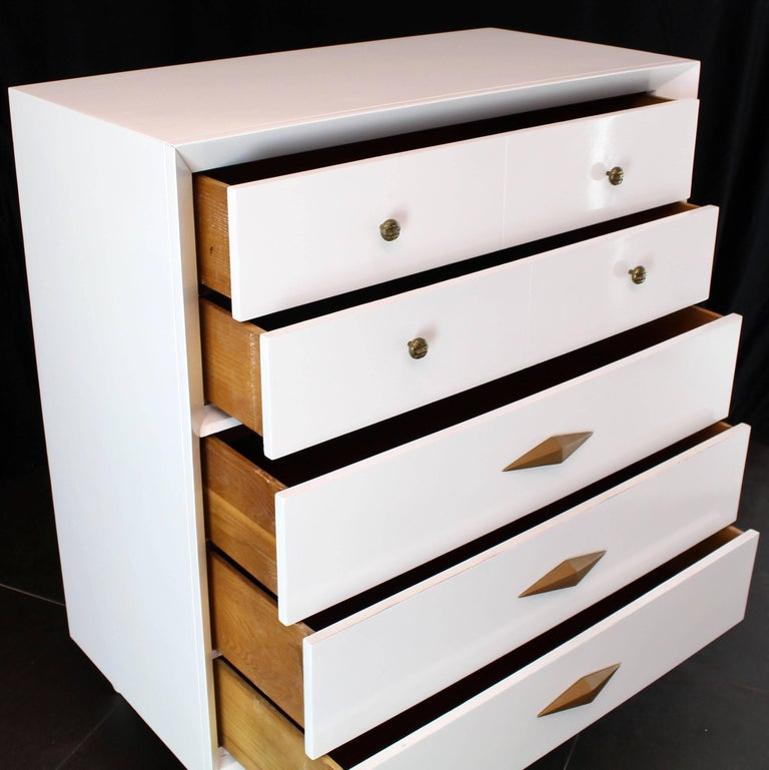 White Lacquer Deco Style High Chest Dresser with Diamond Pulls