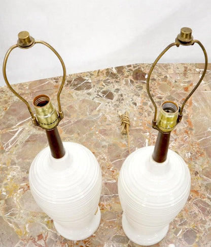 Pair of Vase Shape Glazed Ceramic Pottery Walnut Table Lamps