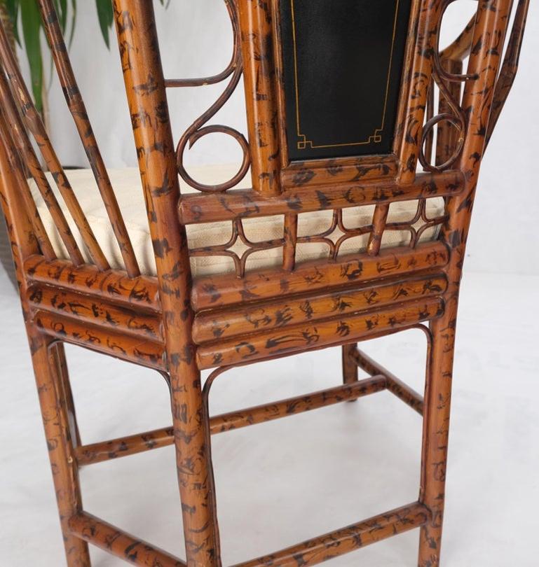 Pair Burnt Bamboo Asian Motive Plaque Decorated Lounge Fireside Chairs Cane Seat