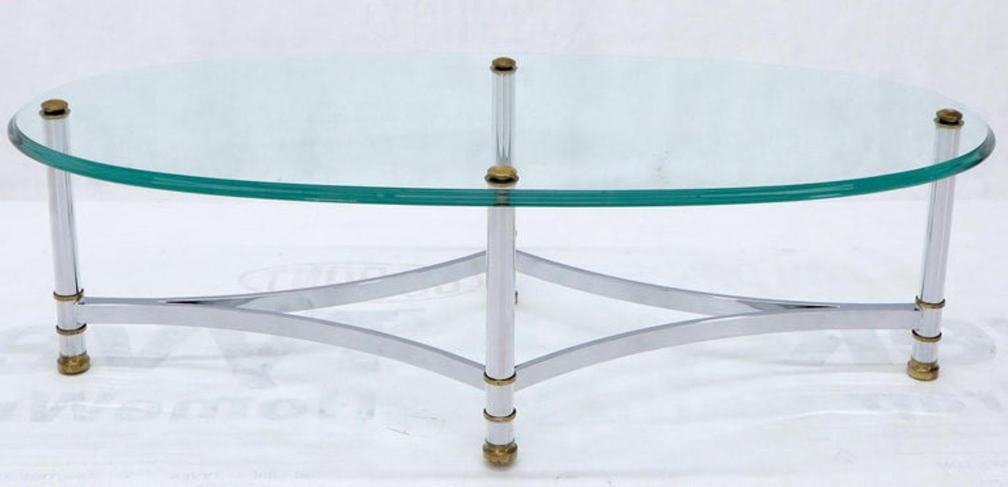 Oval Mid-Century Modern Glass Top Coffee Table on Chrome Frame, Brass Accents