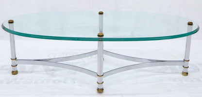 Oval Mid-Century Modern Glass Top Coffee Table on Chrome Frame, Brass Accents